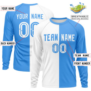 Custom White Powder Blue Neck Split Design Long Sleeve Performance T-Shirt