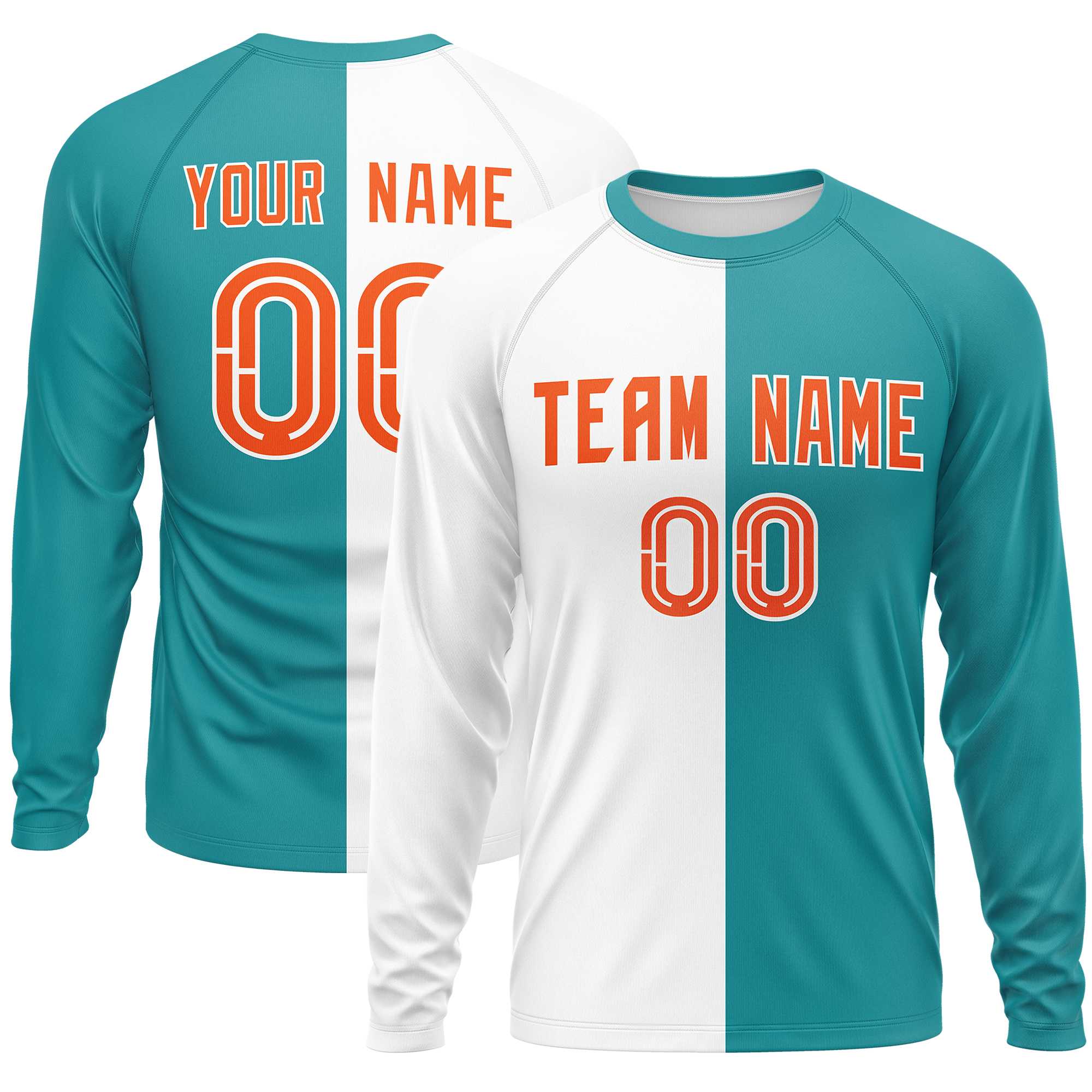 Custom White Aqua Neck Split Design Long Sleeve Performance T-Shirt