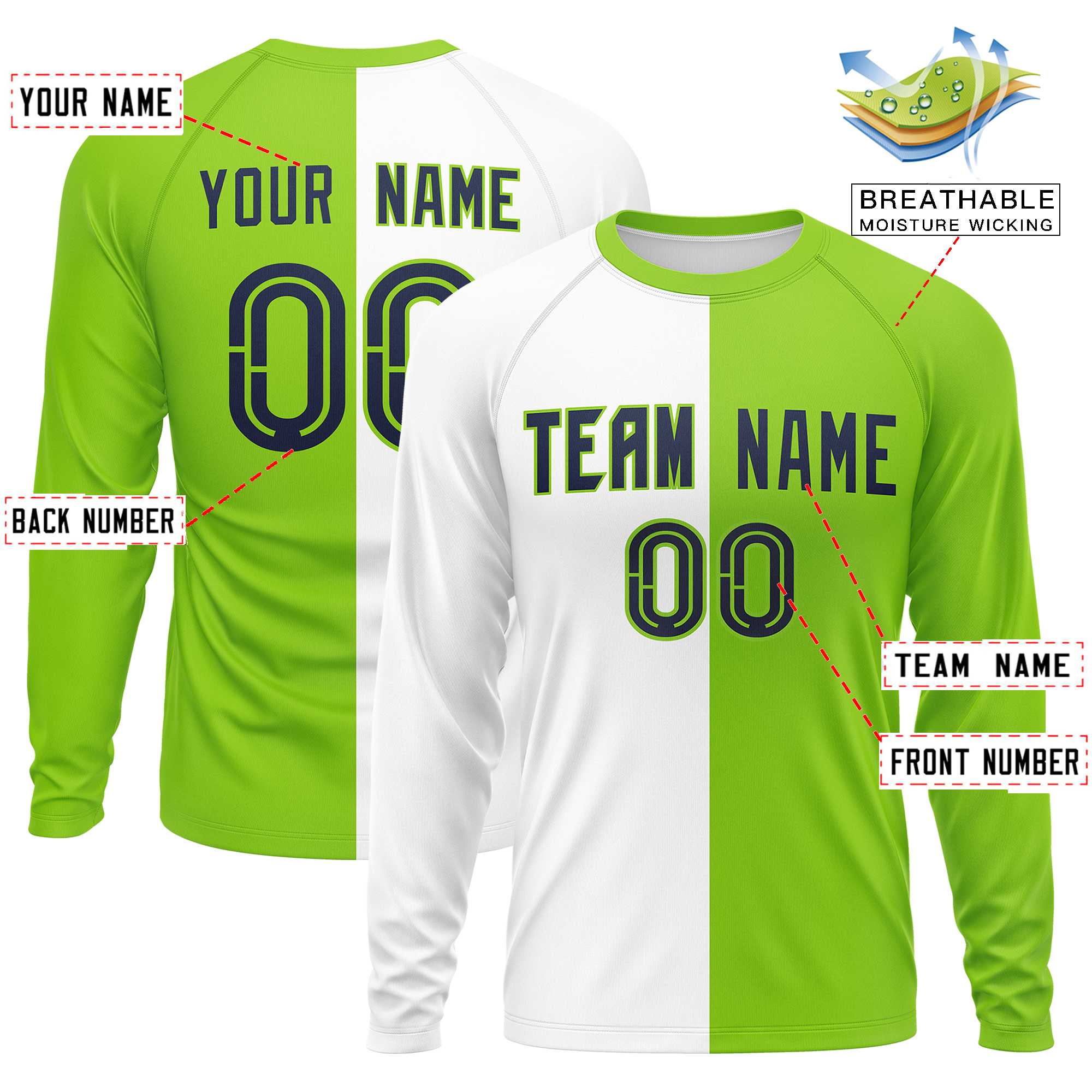 Custom White Neon Green Neck Split Design Long Sleeve Performance T-Shirt