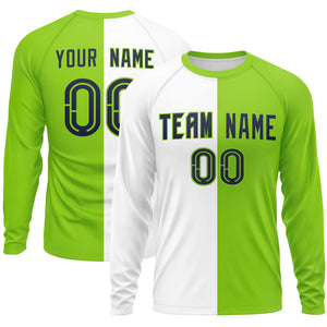 Custom White Neon Green Neck Split Design Long Sleeve Performance T-Shirt