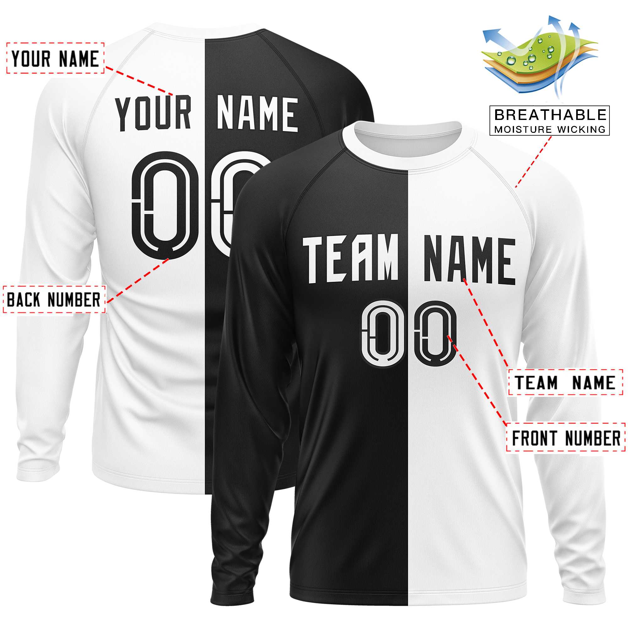 Custom Black White Neck Split Design Long Sleeve Performance T-Shirt