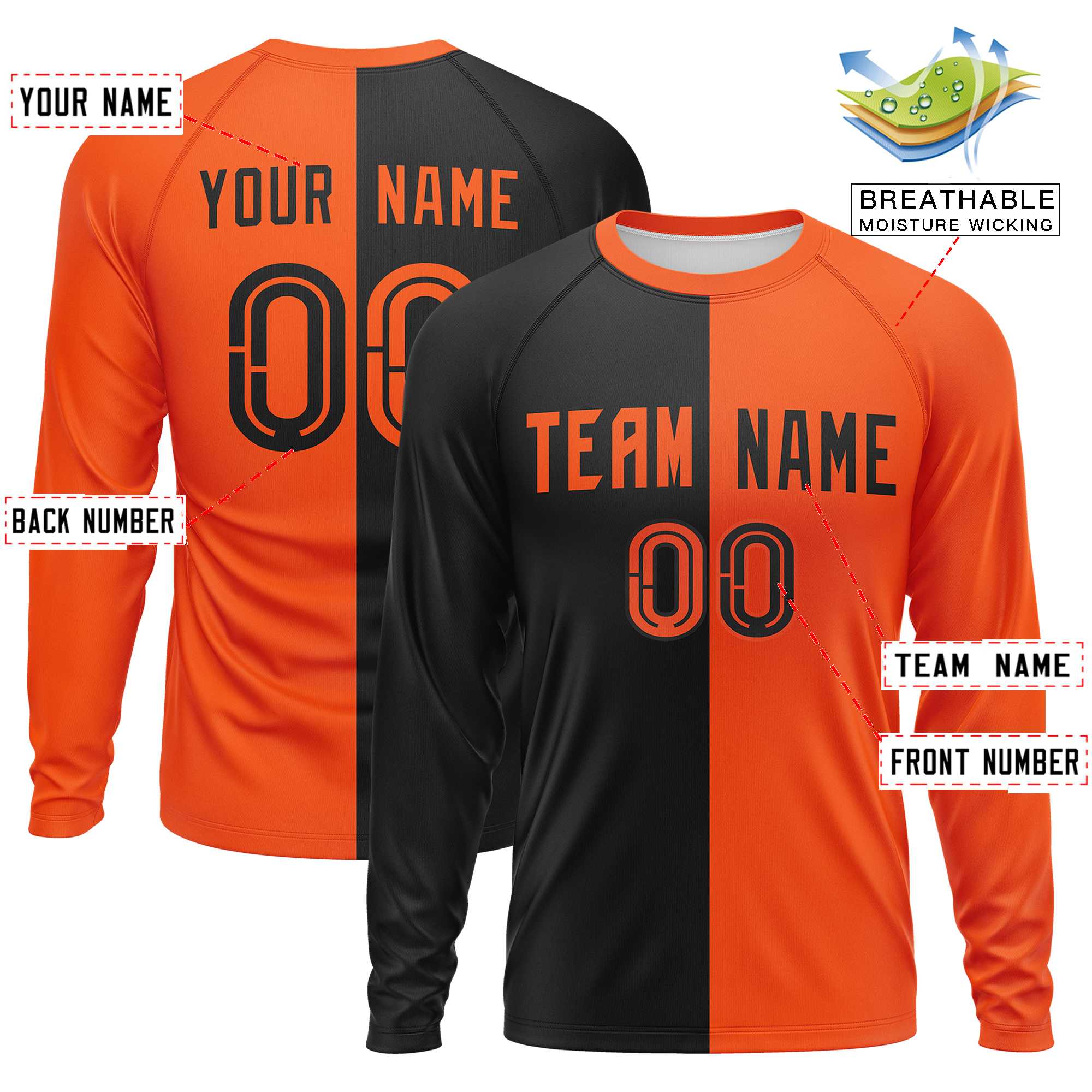 Custom Black Orange Neck Split Design Long Sleeve Performance T-Shirt