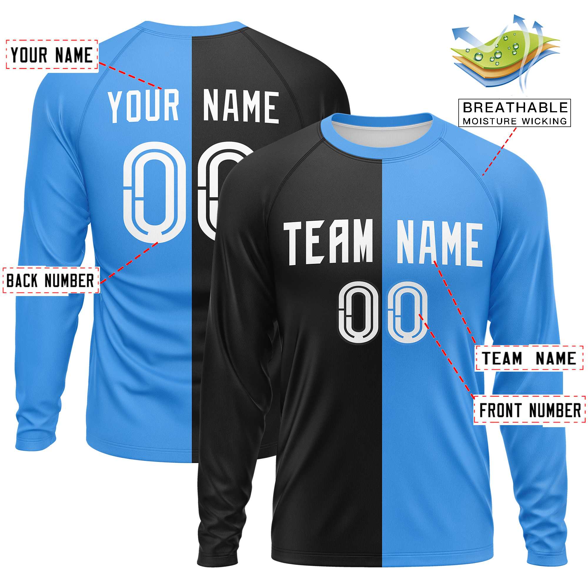 Custom Black Powder Blue Neck Split Design Long Sleeve Performance T-Shirt