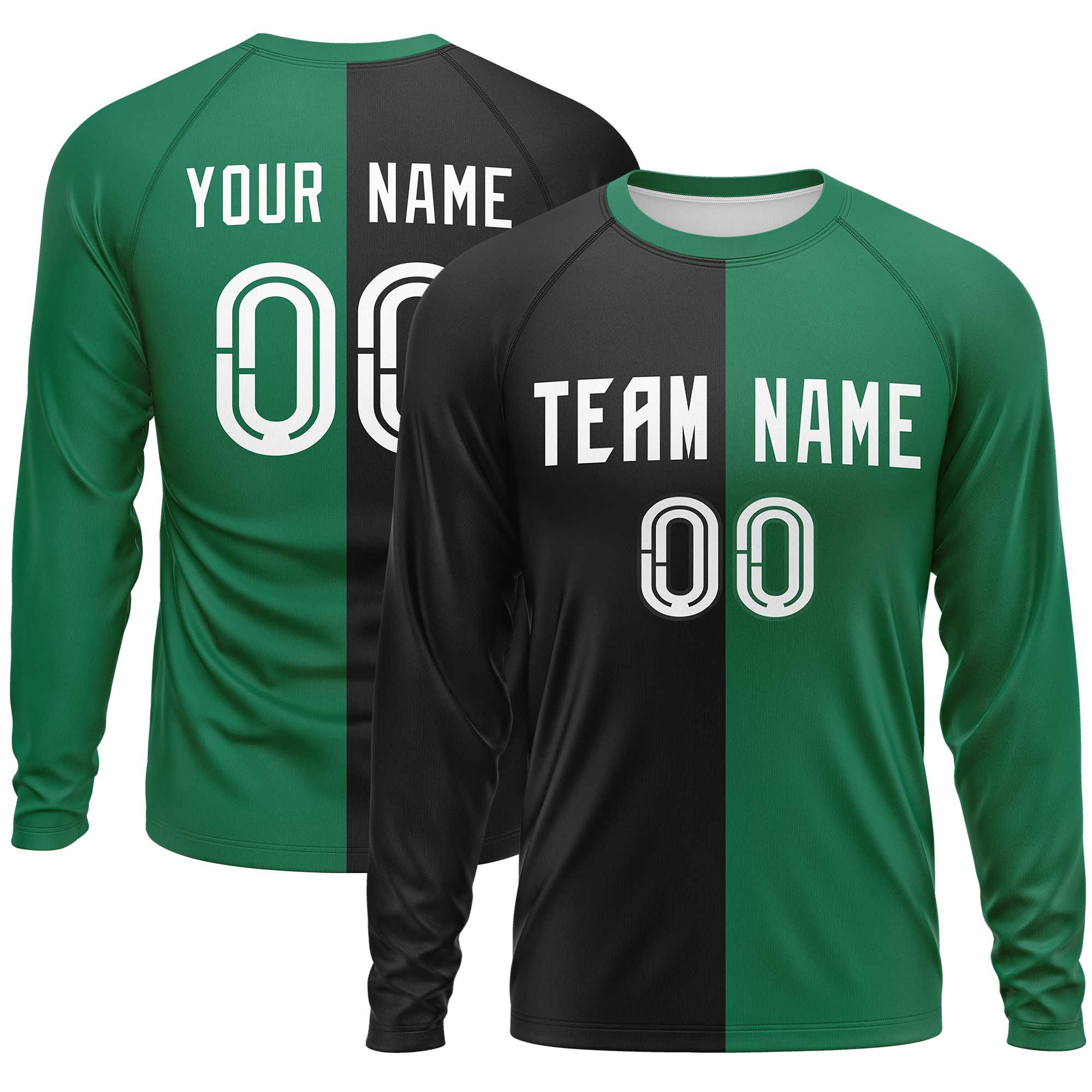 Custom Black Kelly Green Neck Split Design Long Sleeve Performance T-Shirt