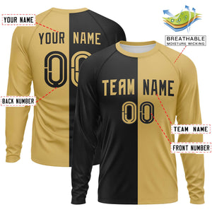 Custom Black Old Gold Neck Split Design Long Sleeve Performance T-Shirt