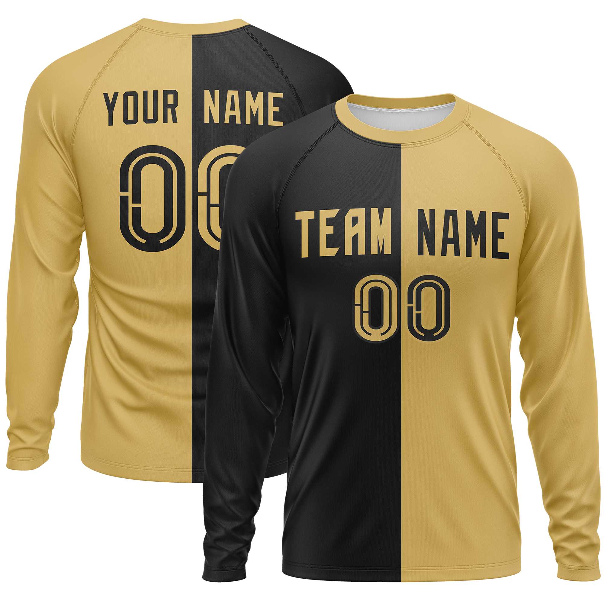 Custom Black Old Gold Neck Split Design Long Sleeve Performance T-Shirt