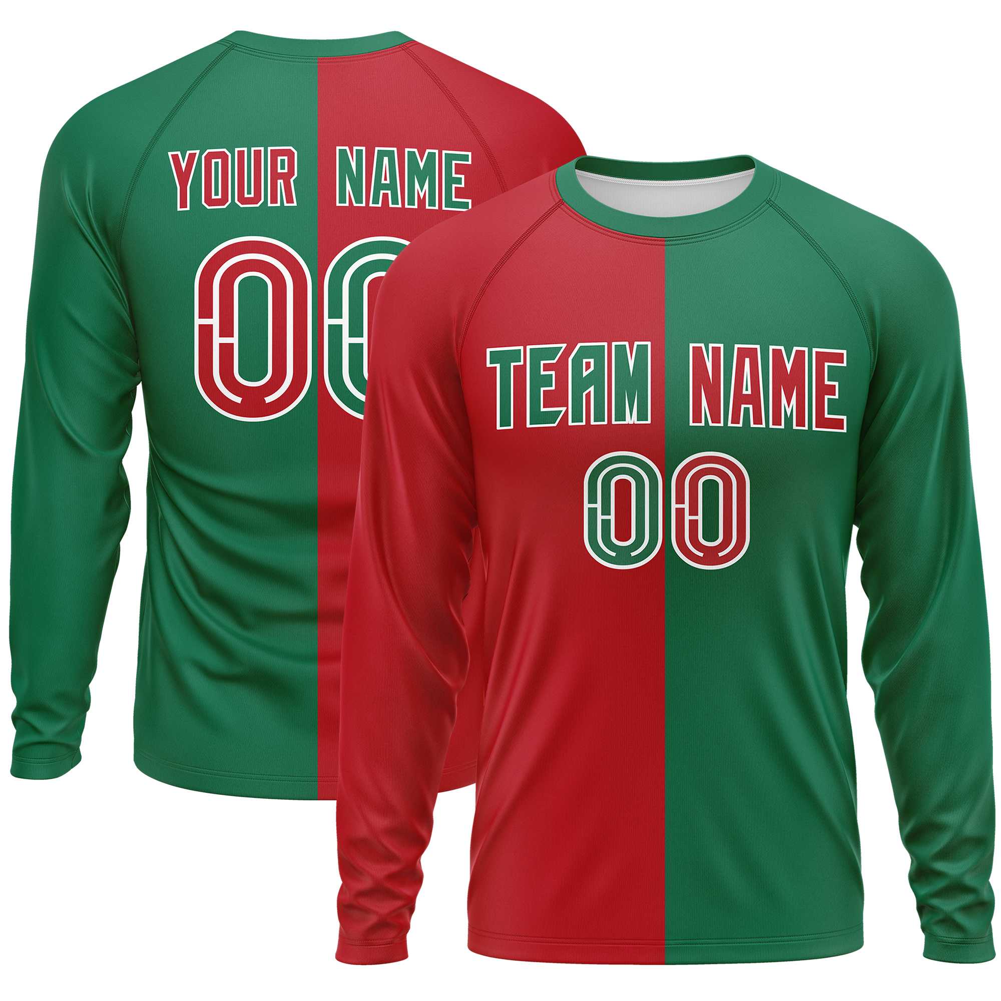 Custom Red Kelly Green Neck Split Design Long Sleeve Performance T-Shirt