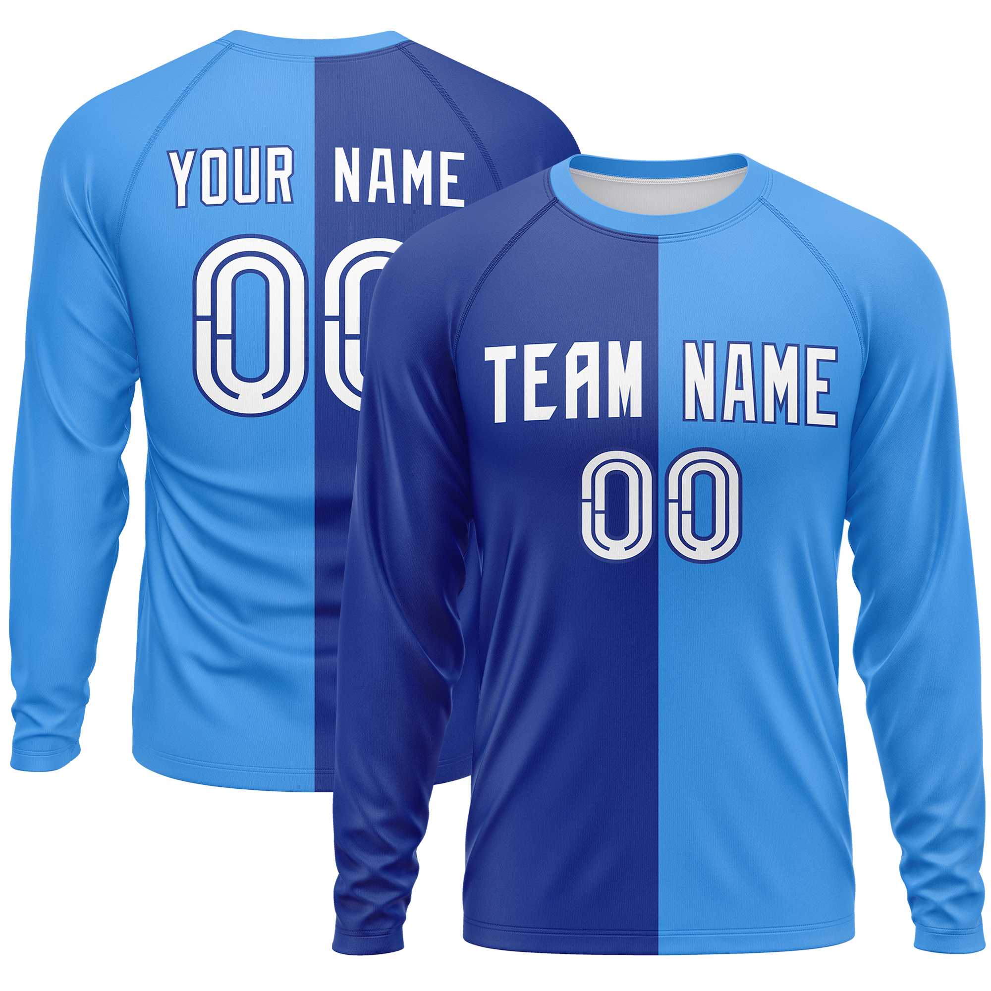 Custom Royal Powder Blue Neck Split Design Long Sleeve Performance T-Shirt