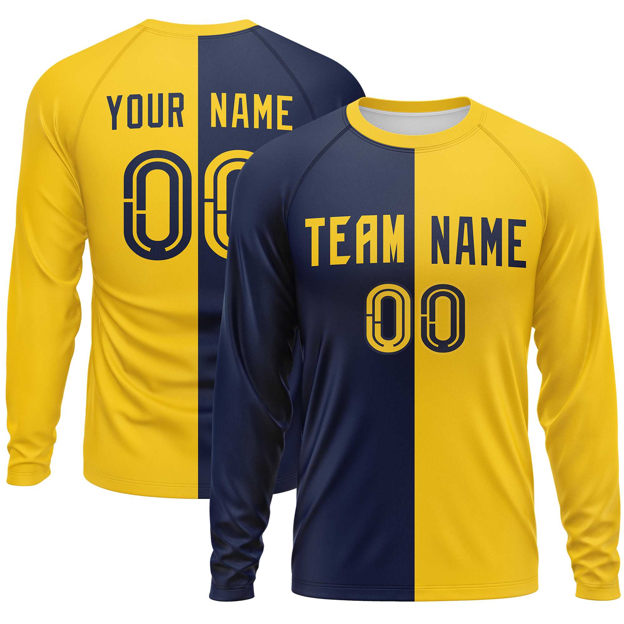 Custom Navy Gold Neck Split Design Long Sleeve Performance T-Shirt