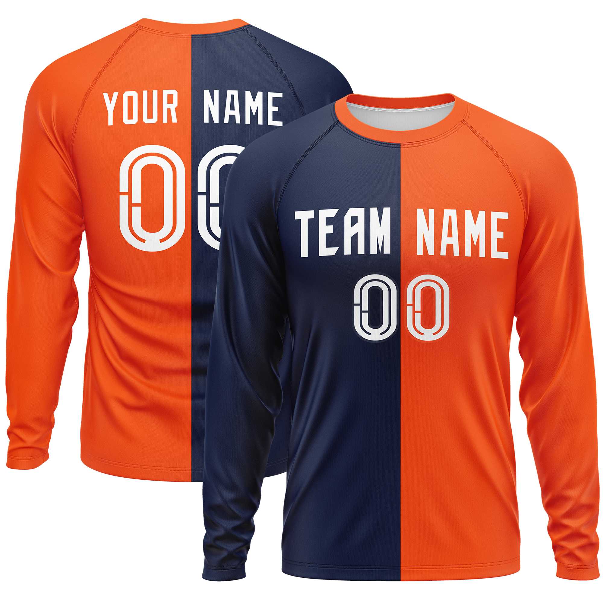 Custom Navy Orange Neck Split Design Long Sleeve Performance T-Shirt