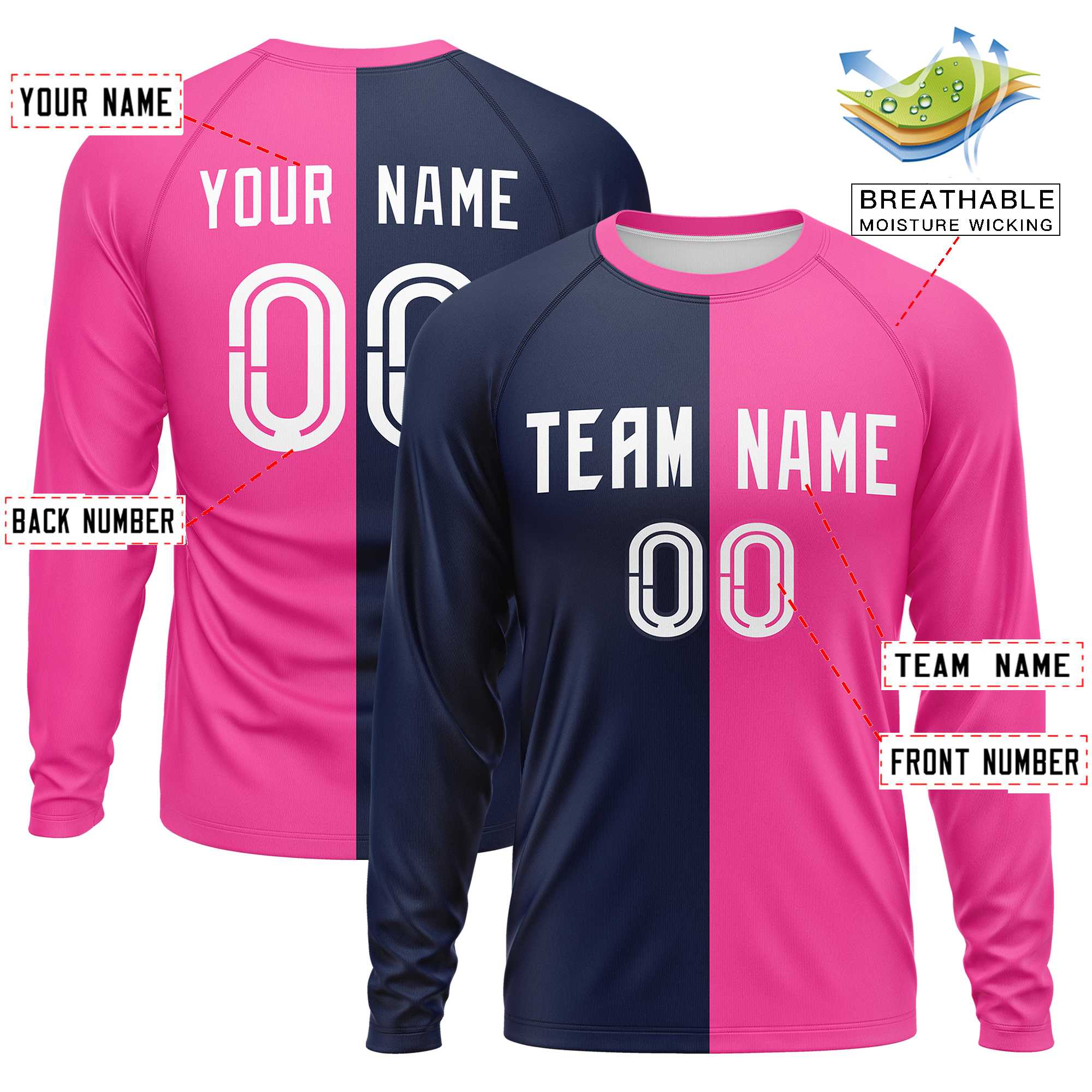 Custom Navy Pink Neck Split Design Long Sleeve Performance T-Shirt