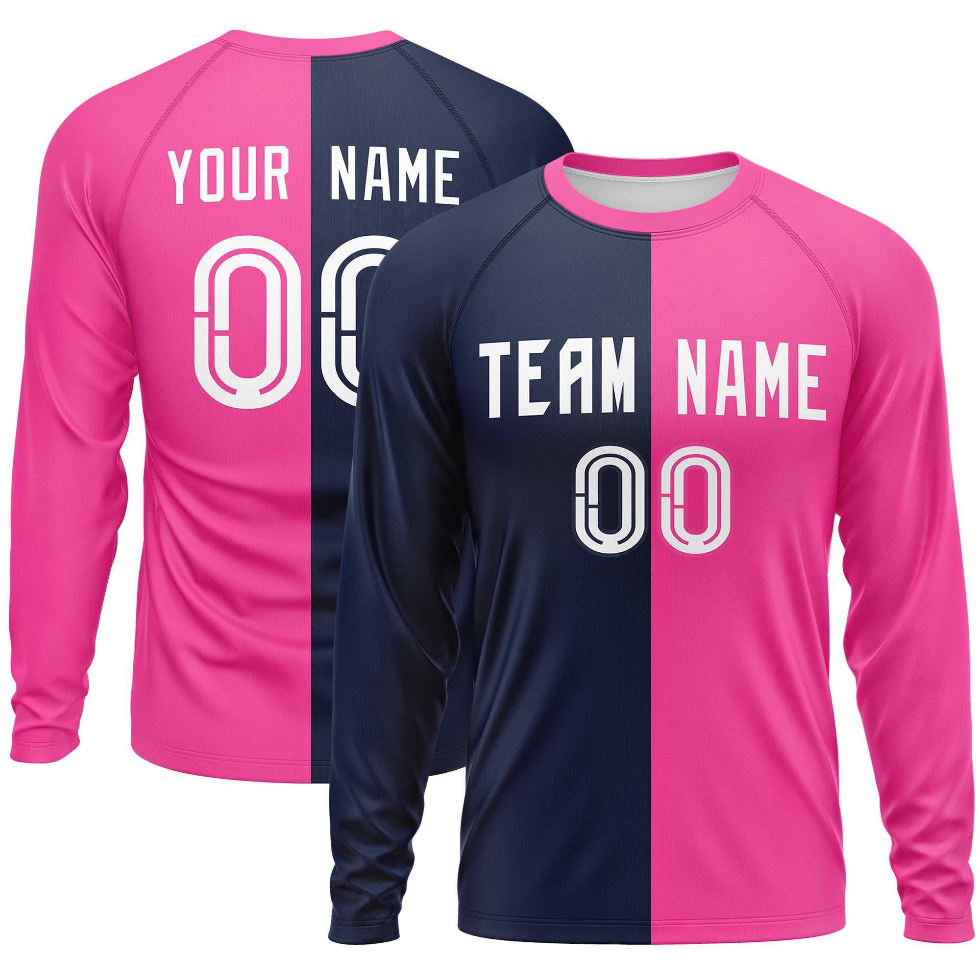 Custom Navy Pink Neck Split Design Long Sleeve Performance T-Shirt