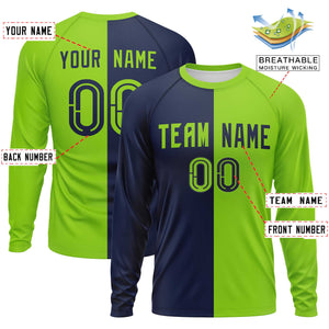 Custom Navy Neon Green Neck Split Design Long Sleeve Performance T-Shirt