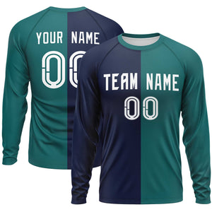 Custom Navy Aqua Neck Split Design Long Sleeve Performance T-Shirt