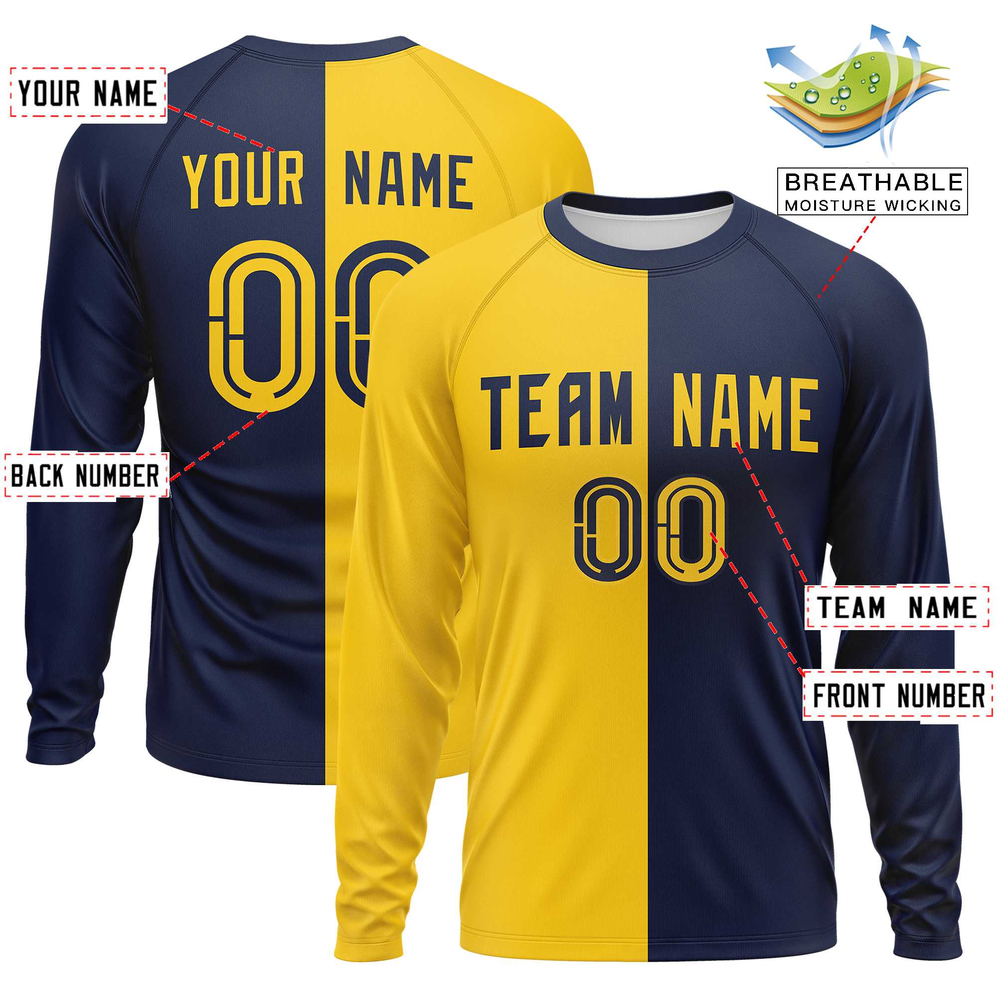 Custom Gold Navy Neck Split Design Long Sleeve Performance T-Shirt