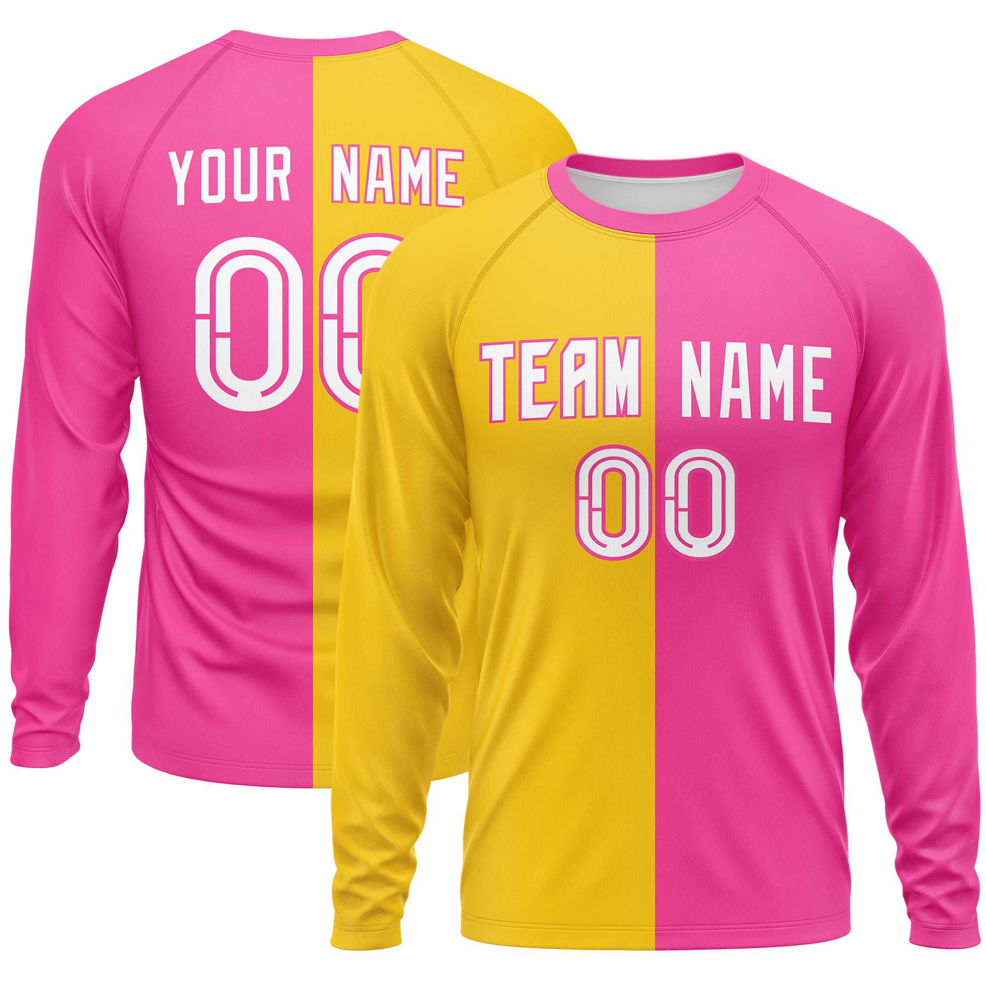 Custom Gold Pink Neck Split Design Long Sleeve Performance T-Shirt