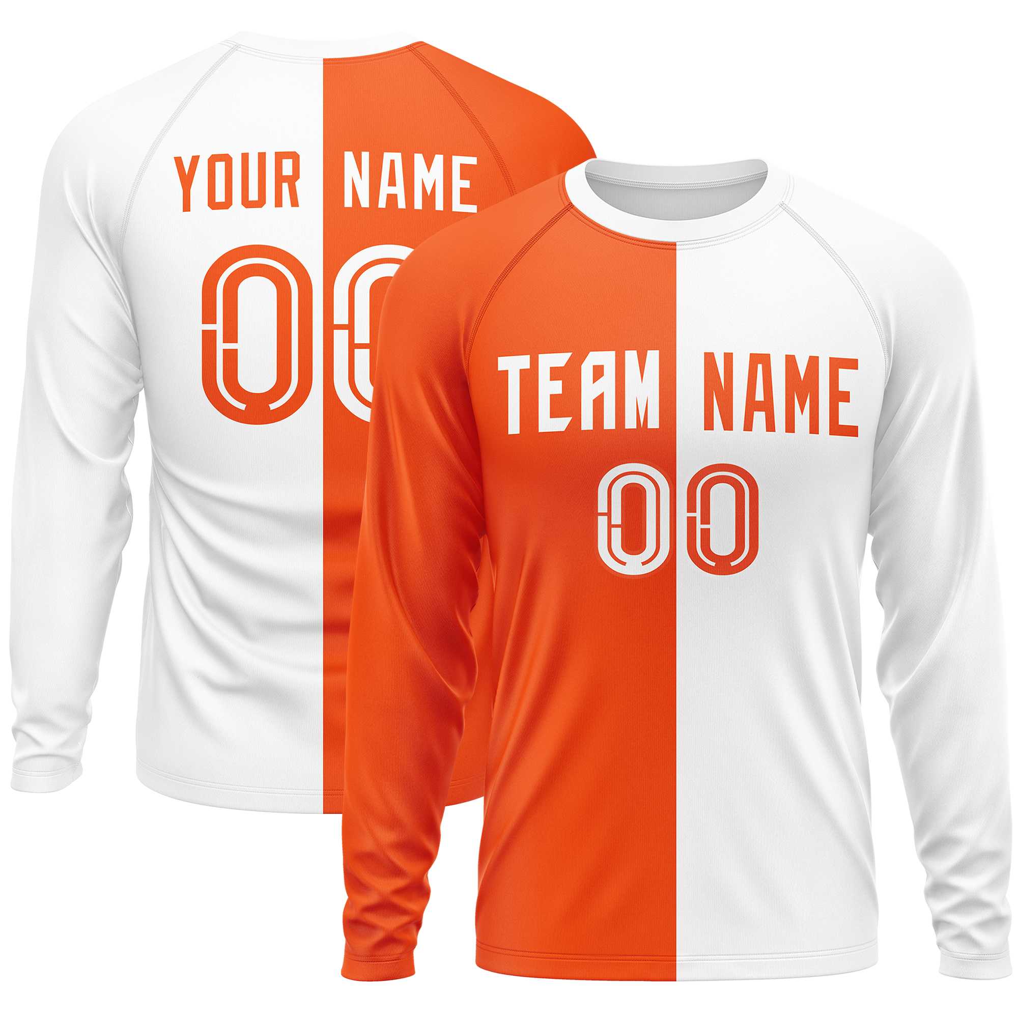 Custom Orange White Neck Split Design Long Sleeve Performance T-Shirt