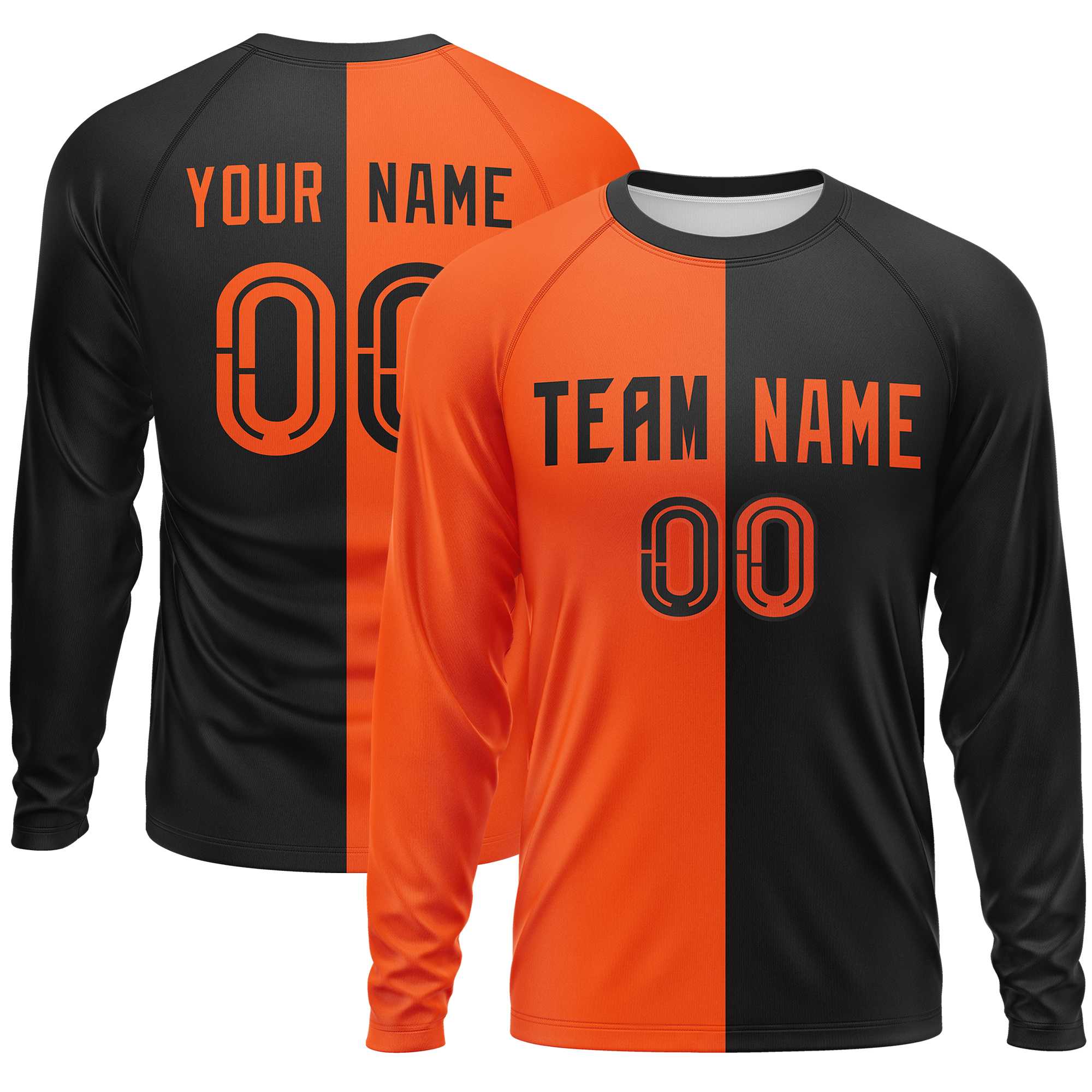 Custom Orange Black Neck Split Design Long Sleeve Performance T-Shirt