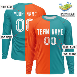 Custom Orange Aqua Neck Split Design Long Sleeve Performance T-Shirt