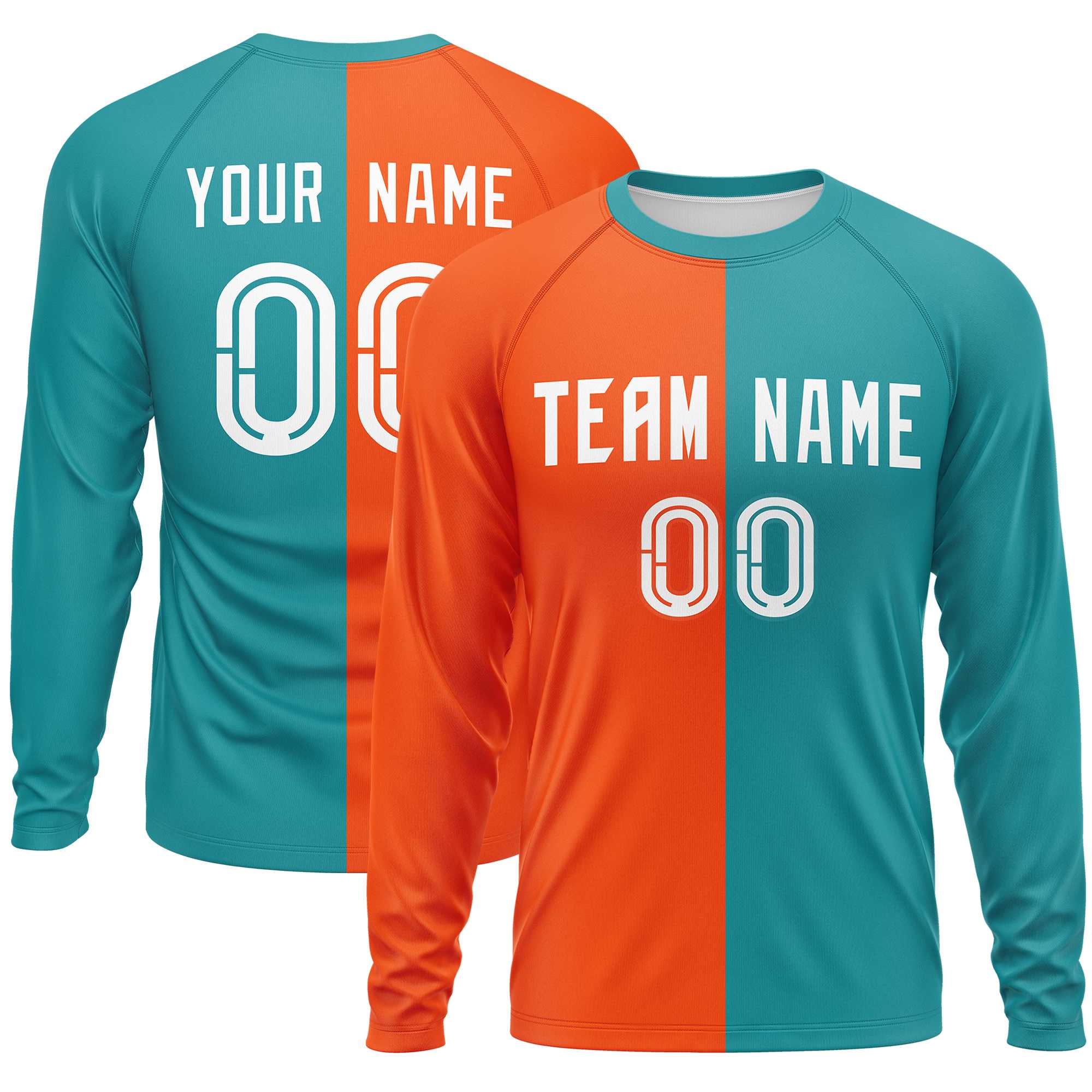 Custom Orange Aqua Neck Split Design Long Sleeve Performance T-Shirt