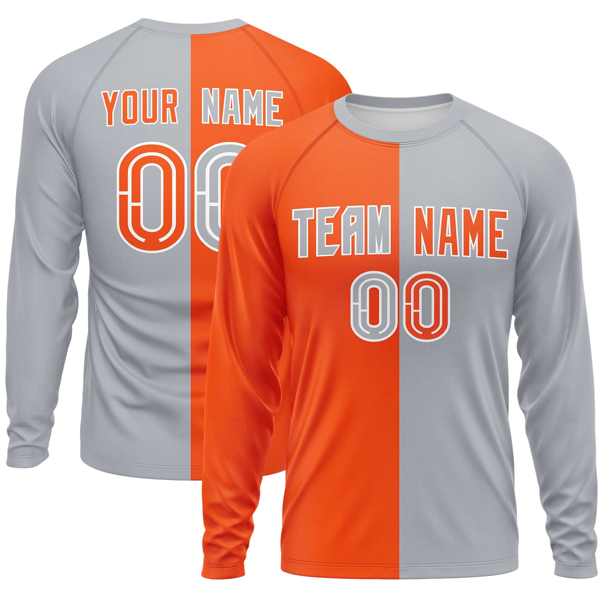 Custom Orange Gray Neck Split Design Long Sleeve Performance T-Shirt