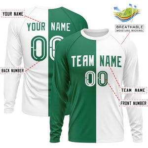 Custom Kelly Green White Neck Split Design Long Sleeve Performance T-Shirt