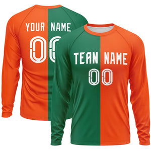 Custom Kelly Green Orange Neck Split Design Long Sleeve Performance T-Shirt