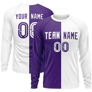 Custom Purple White Neck Split Design Long Sleeve Performance T-Shirt