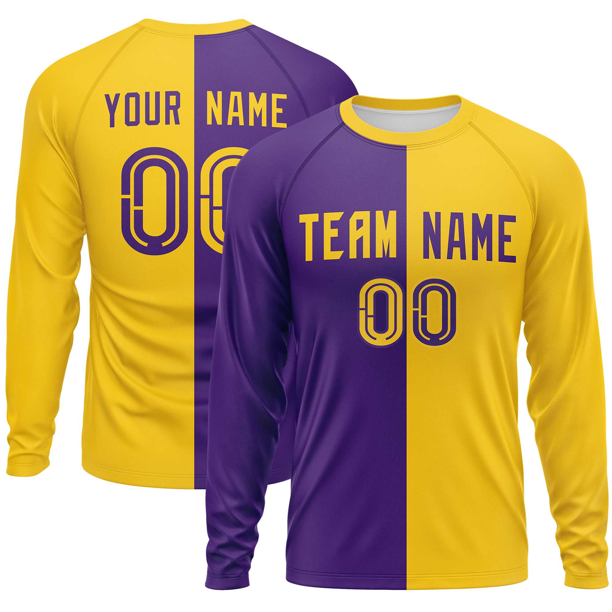 Custom Purple Gold Neck Split Design Long Sleeve Performance T-Shirt