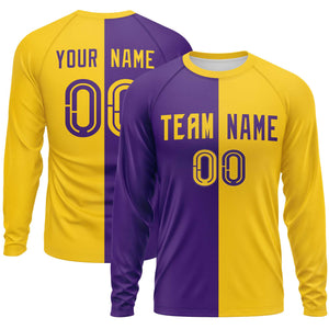 Custom Purple Gold Neck Split Design Long Sleeve Performance T-Shirt