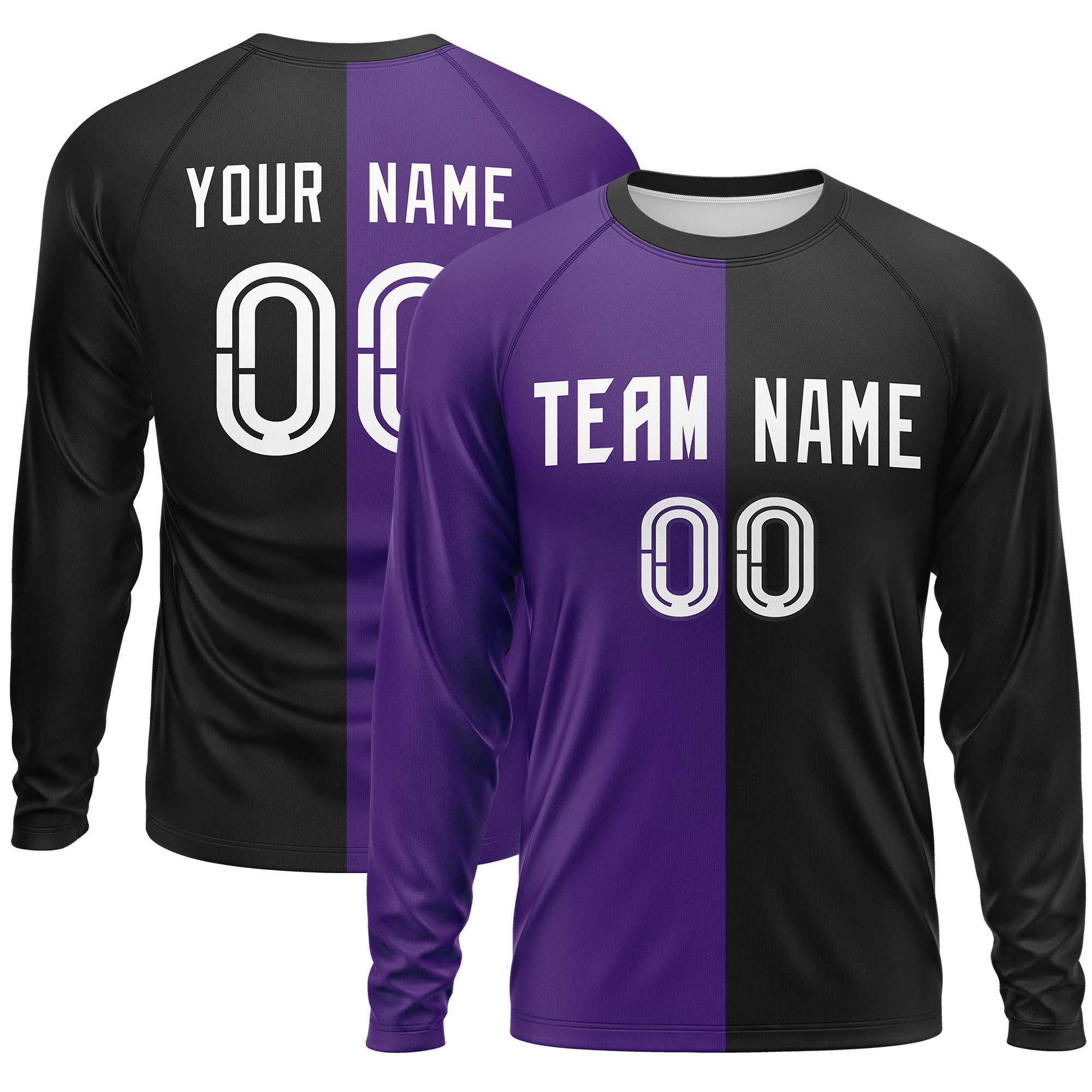 Custom Purple Black Neck Split Design Long Sleeve Performance T-Shirt