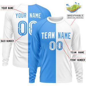 Custom Powder Blue White Neck Split Design Long Sleeve Performance T-Shirt