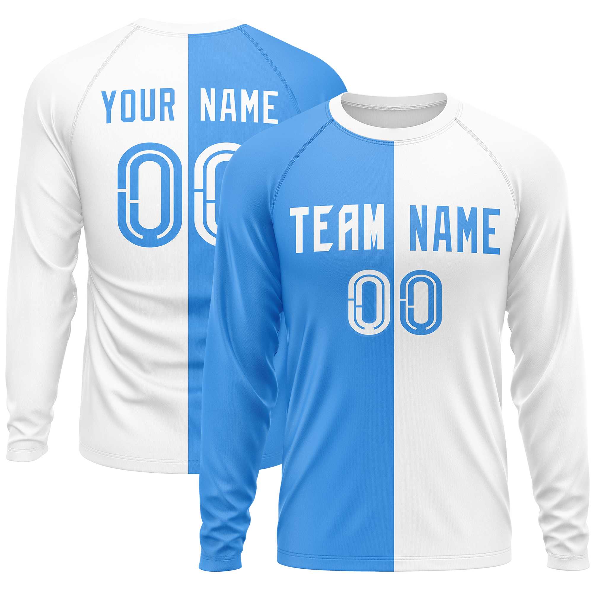 Custom Powder Blue White Neck Split Design Long Sleeve Performance T-Shirt