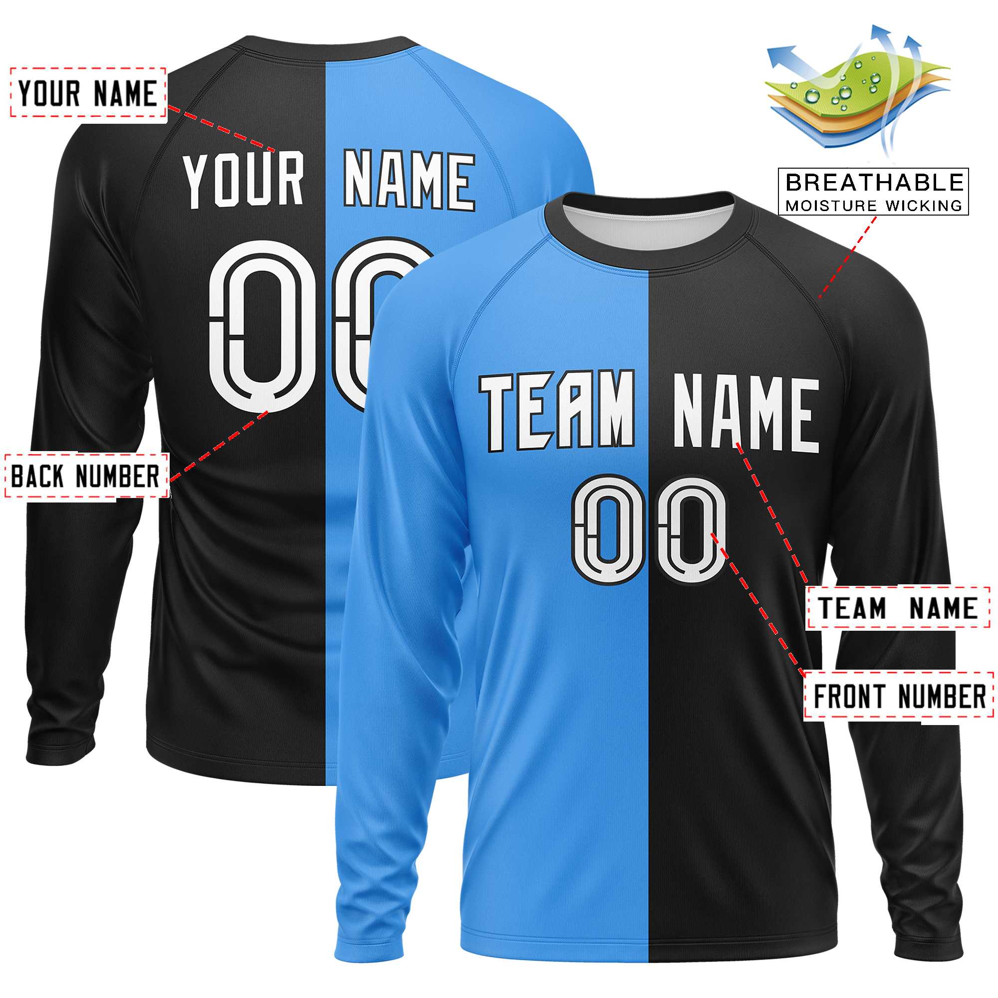 Custom Powder Blue Black Neck Split Design Long Sleeve Performance T-Shirt