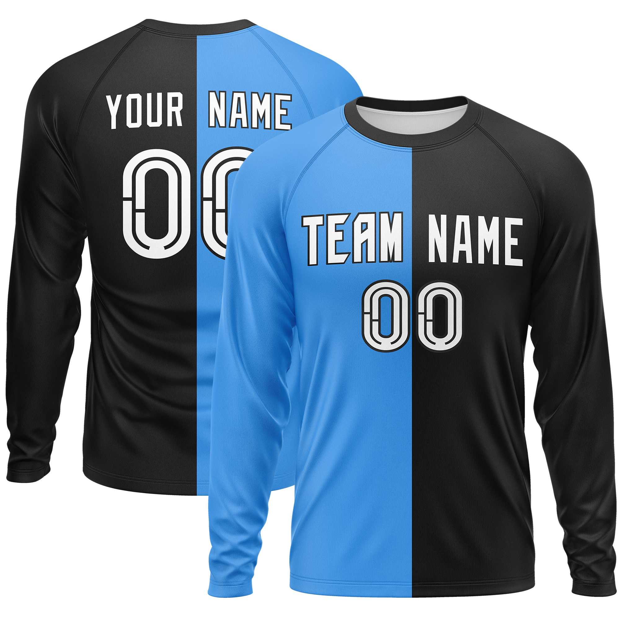 Custom Powder Blue Black Neck Split Design Long Sleeve Performance T-Shirt