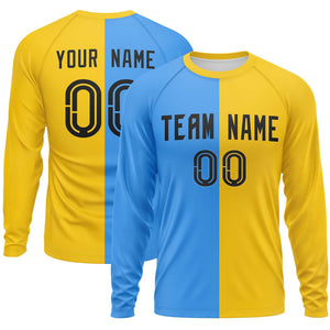 Custom Powder Blue Gold Neck Split Design Long Sleeve Performance T-Shirt