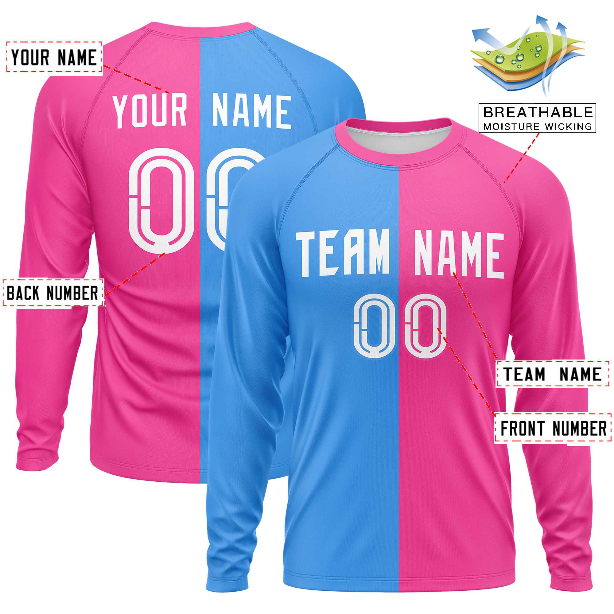 Custom Powder Blue Pink Neck Split Design Long Sleeve Performance T-Shirt