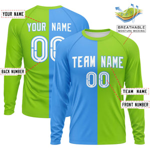 Custom Powder Blue Neon Green Neck Split Design Long Sleeve Performance T-Shirt