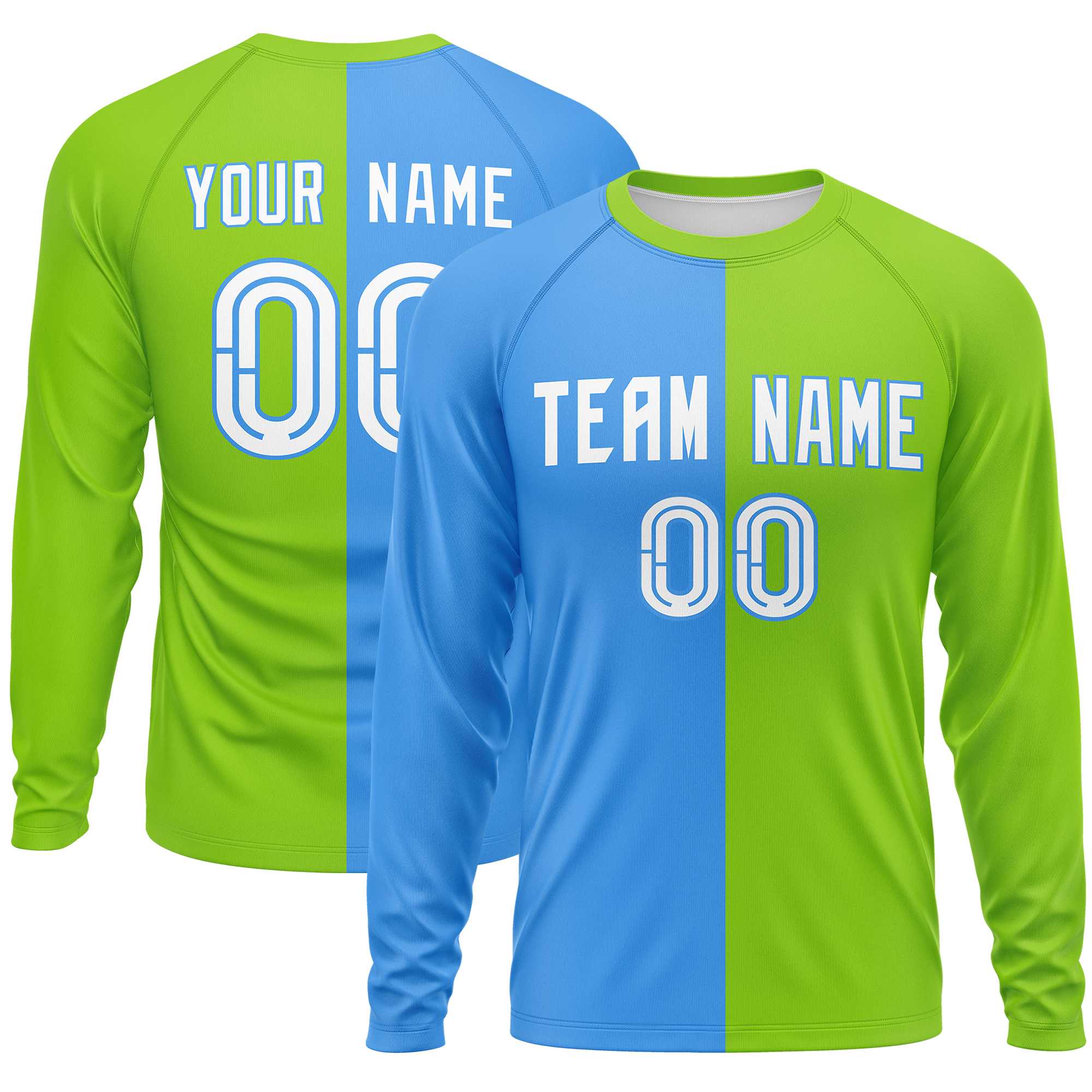 Custom Powder Blue Neon Green Neck Split Design Long Sleeve Performance T-Shirt