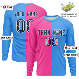 Custom Pink Powder Blue Neck Split Design Long Sleeve Performance T-Shirt