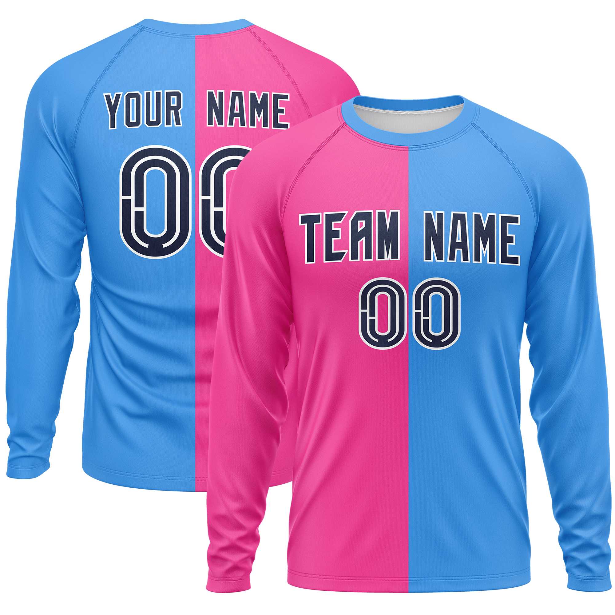 Custom Pink Powder Blue Neck Split Design Long Sleeve Performance T-Shirt