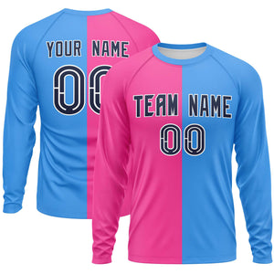 Custom Pink Powder Blue Neck Split Design Long Sleeve Performance T-Shirt