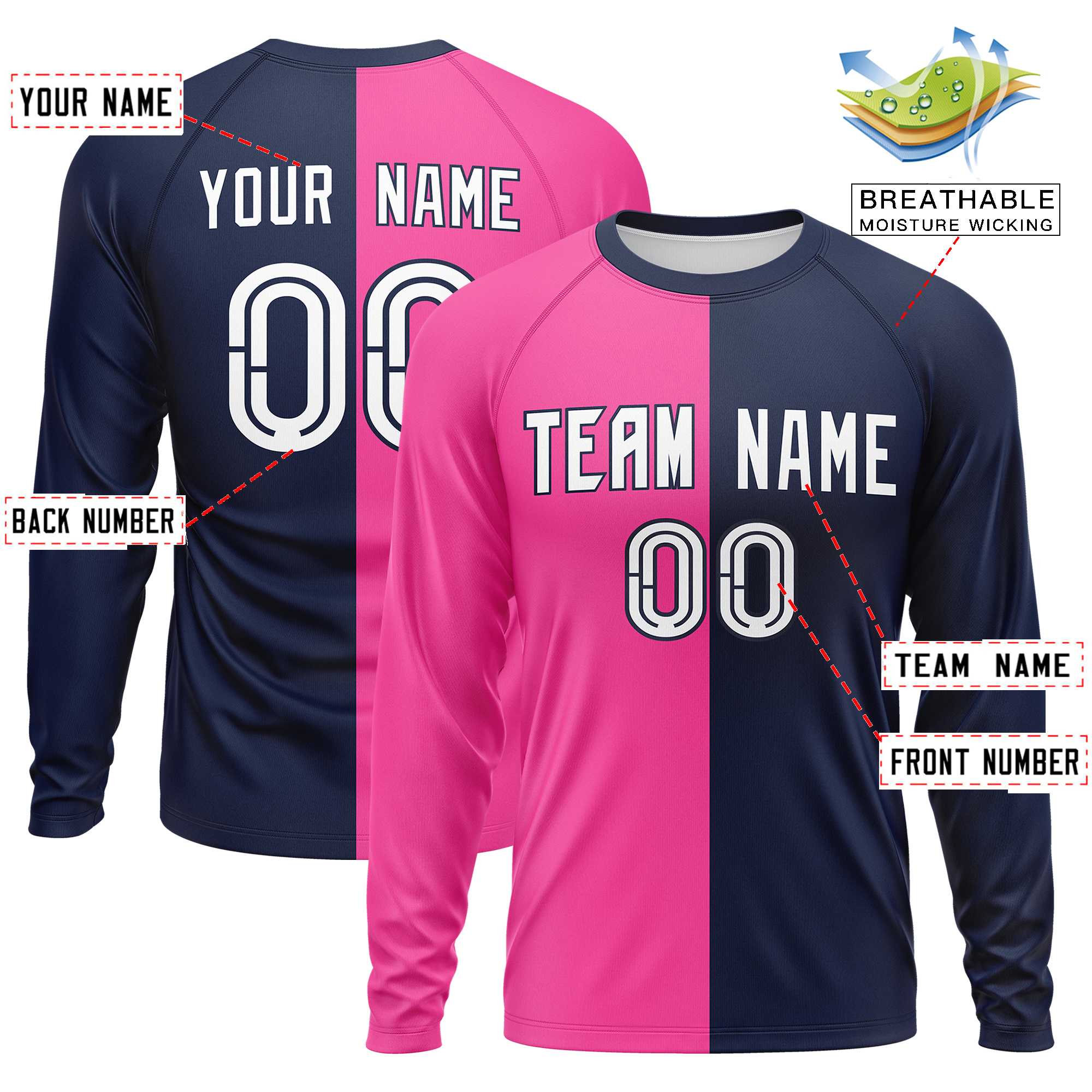 Custom Pink Navy Neck Split Design Long Sleeve Performance T-Shirt