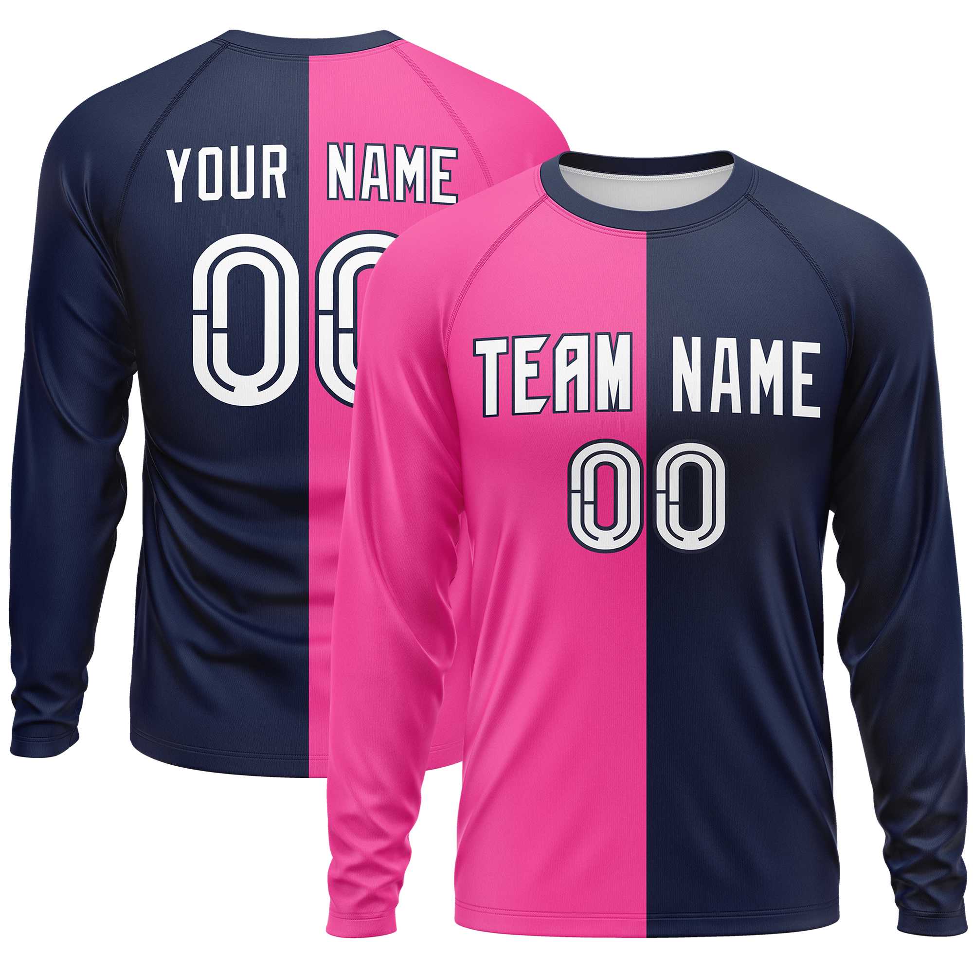 Custom Pink Navy Neck Split Design Long Sleeve Performance T-Shirt