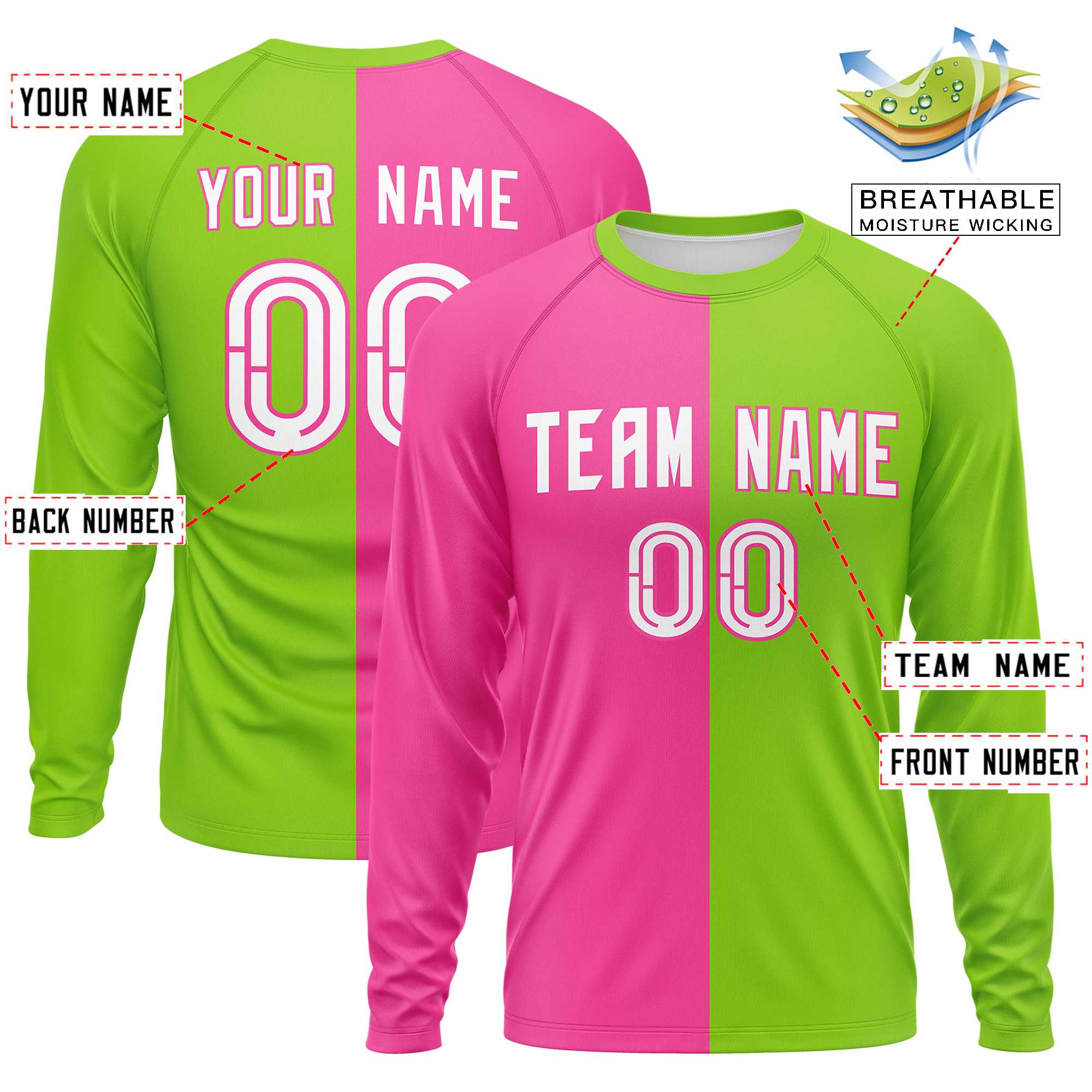 Custom Pink Neon Green Neck Split Design Long Sleeve Performance T-Shirt