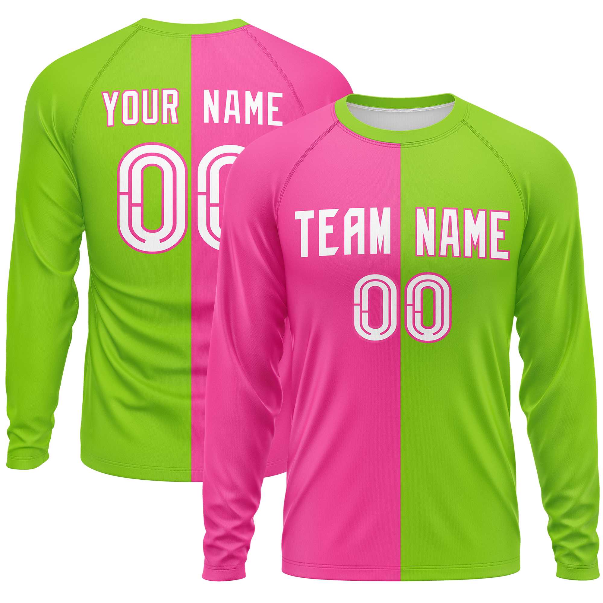 Custom Pink Neon Green Neck Split Design Long Sleeve Performance T-Shirt