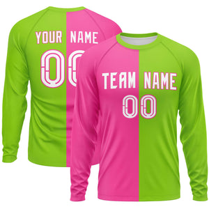 Custom Pink Neon Green Neck Split Design Long Sleeve Performance T-Shirt