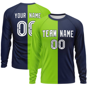 Custom Neon Green Navy Neck Split Design Long Sleeve Performance T-Shirt