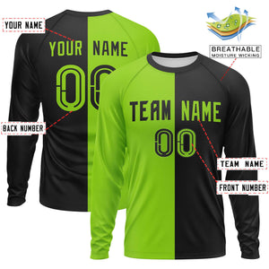 Custom Neon Green Black Neck Split Design Long Sleeve Performance T-Shirt