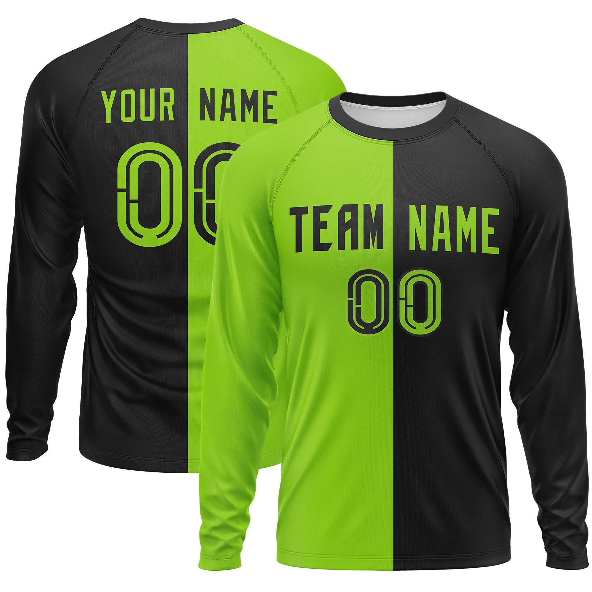 Custom Neon Green Black Neck Split Design Long Sleeve Performance T-Shirt